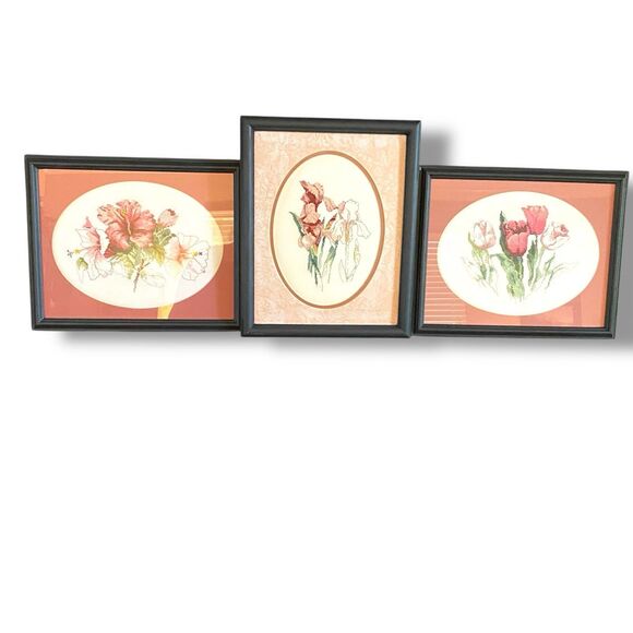 Floral Needlepoint Picture wall art Cottage Core Vtg Tryptic Set of Three 17"